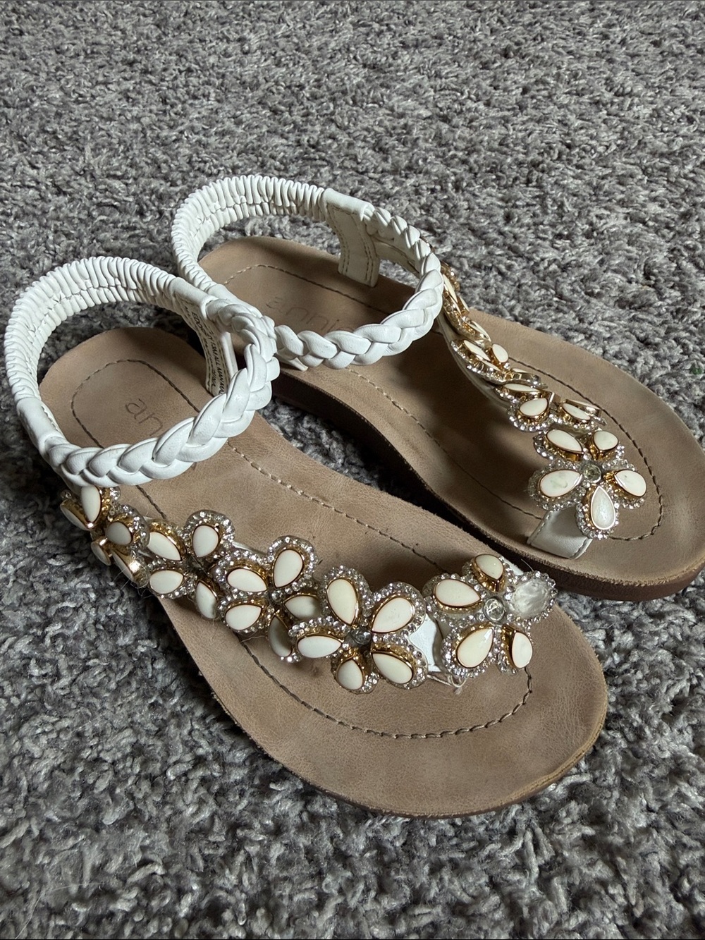 Kids Braided Strap Crystal Floral White Sandals